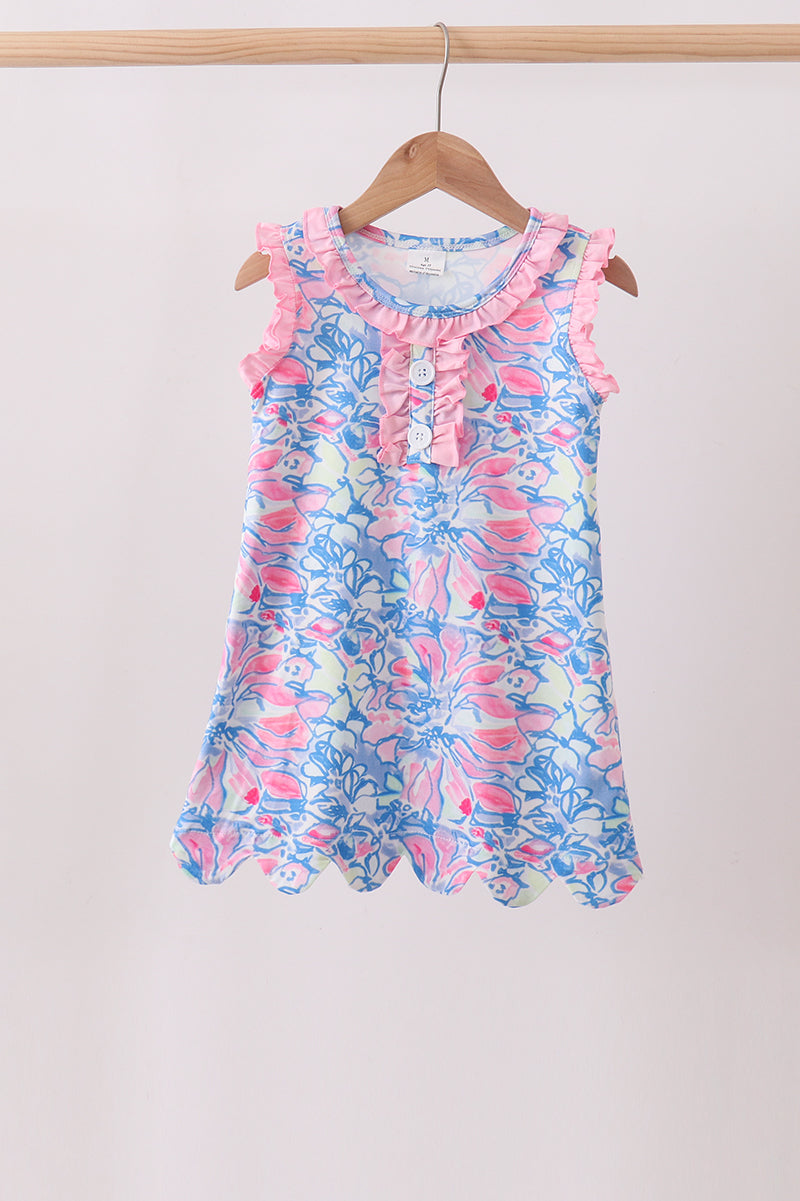 Watercolor floral ruffle scalloped dress Honeydew USA Watercolor floral ruffle scalloped dress Honeydew USA