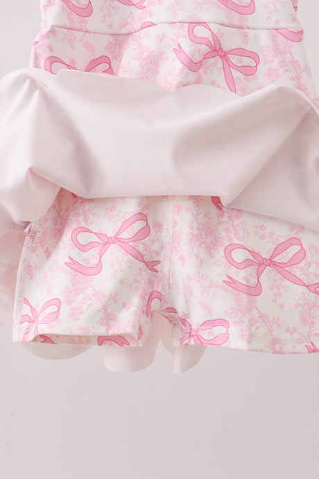 Pink Performance Bow Print Scalloped Dress