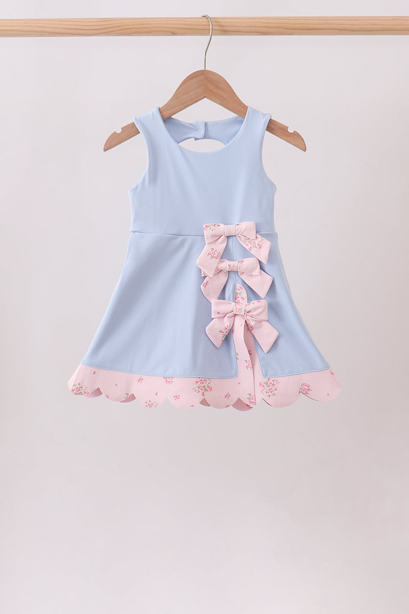 Blue Performance Bow Sash Scalloped Dress
