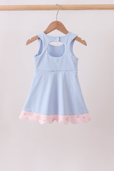 Blue Performance Bow Sash Scalloped Dress