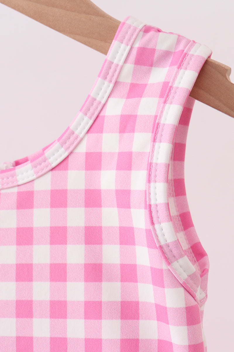 Pink Performance Gingham Bow Scalloped Dress