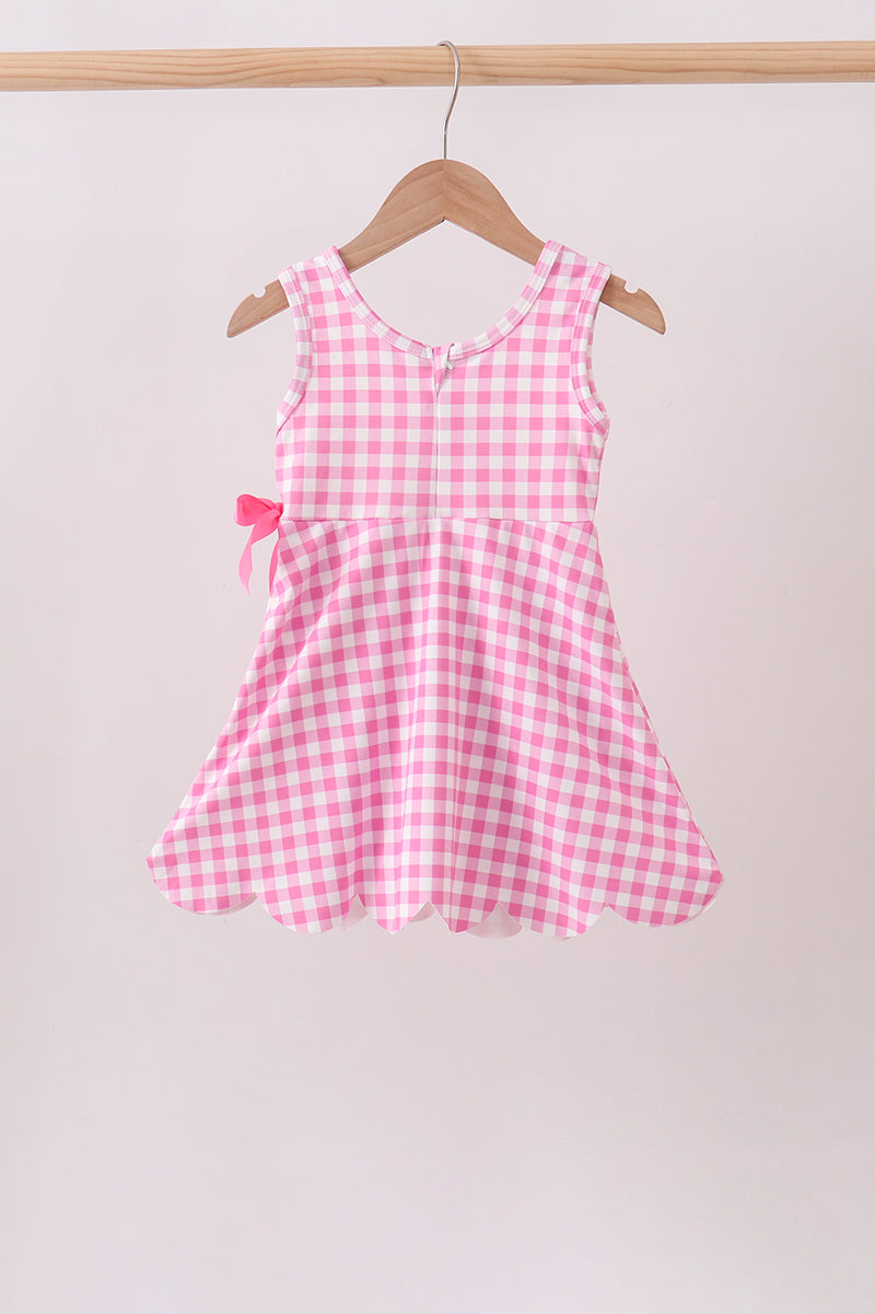 Pink Performance Gingham Bow Scalloped Dress