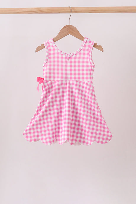 Pink Performance Gingham Bow Scalloped Dress