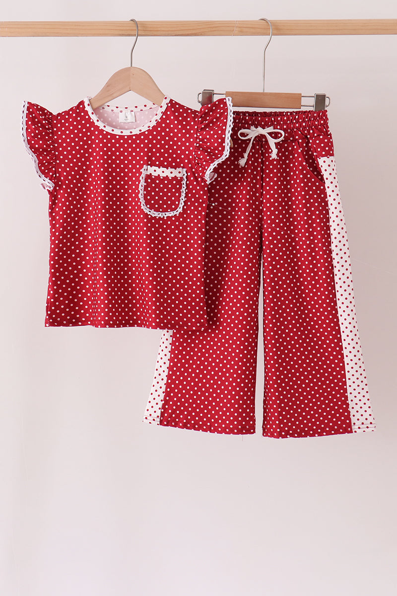 Red polka dot pocket ruffle pants set