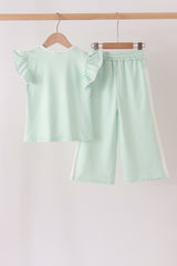 Green polka dot pocket ruffle pants set