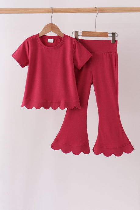 Maroon sclloped active pants set