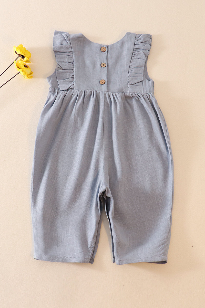 Blue linen ruffle girl romper