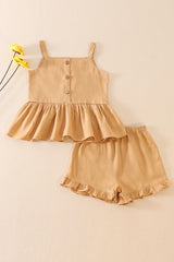 Beige linen ruffle 2pc girl set