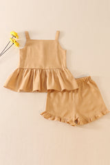 Beige linen ruffle 2pc girl set