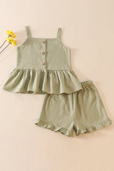 Green linen ruffle 2pc girl set