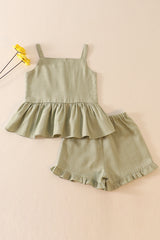 Green linen ruffle 2pc girl set