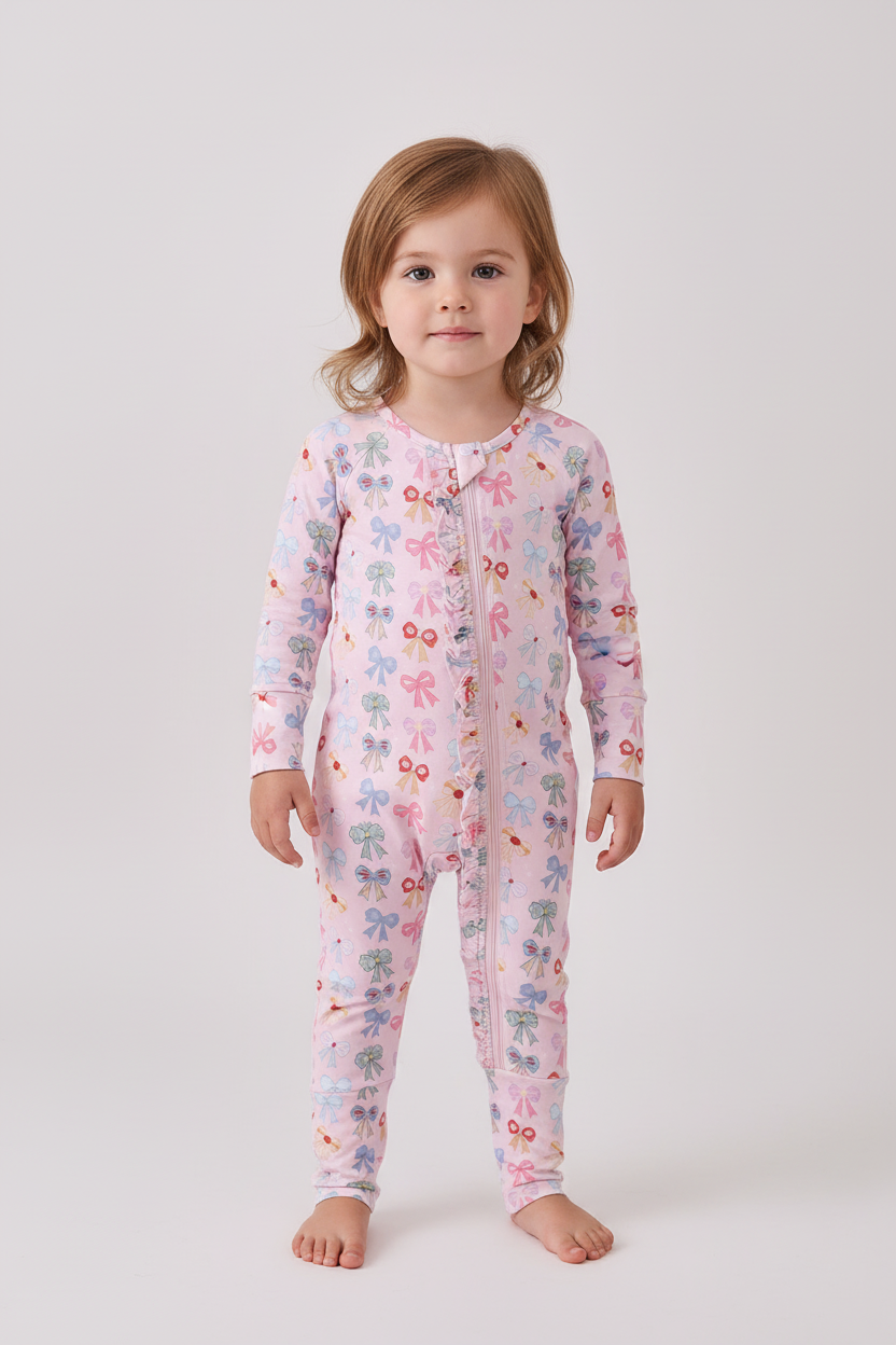 Premium whimsical bows ruffle bamboo romper