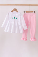 Premium white christmas tree embroidery ruffle pants set