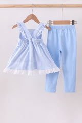 Premium blue snowman embroidery gingham ruffle pants set