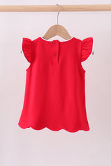 Red flutter sleeve scalloped top