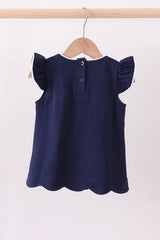 Navy flutter sleeve scalloped top