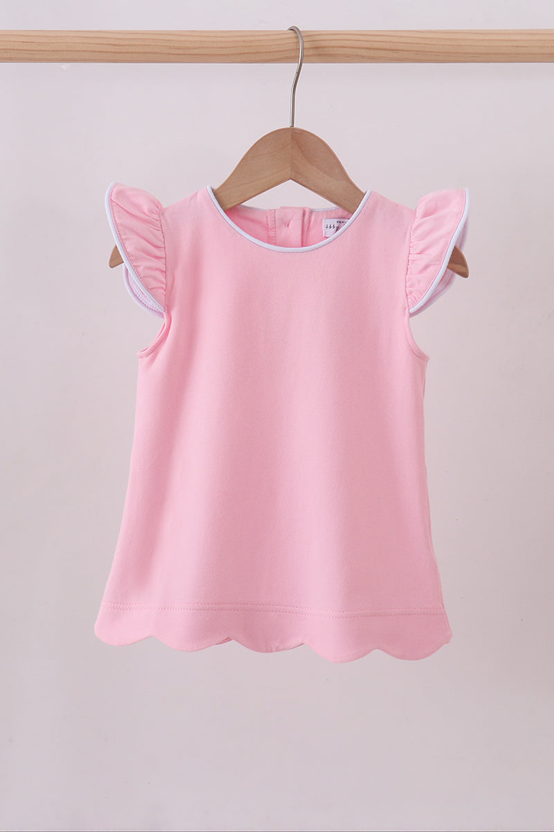 Pink flutter sleeve scalloped top