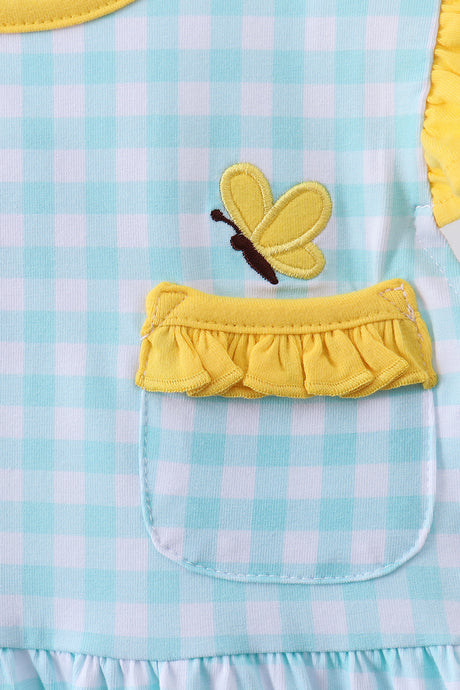 Blue gingham  butterfly & bee pocket flutter dress