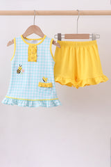 Blue gingham butterfly & bee pocket ruffle shorts set
