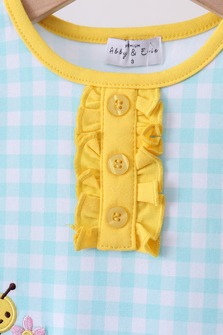 Blue gingham butterfly & bee pocket ruffle shorts set