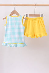 Blue gingham butterfly & bee pocket ruffle shorts set