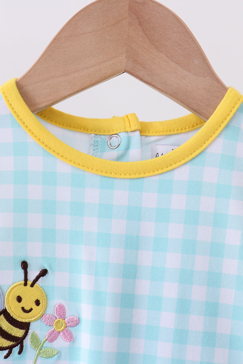 Blue gingham butterfly & bee pocket ruffle bubble
