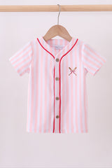 Pink baseball bow stripe top