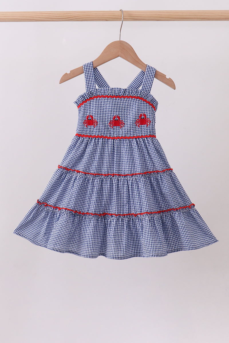 Blue crab embroidery gingham tiered dress – Honeydew USA