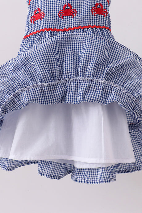 Blue crab embroidery gingham tiered dress