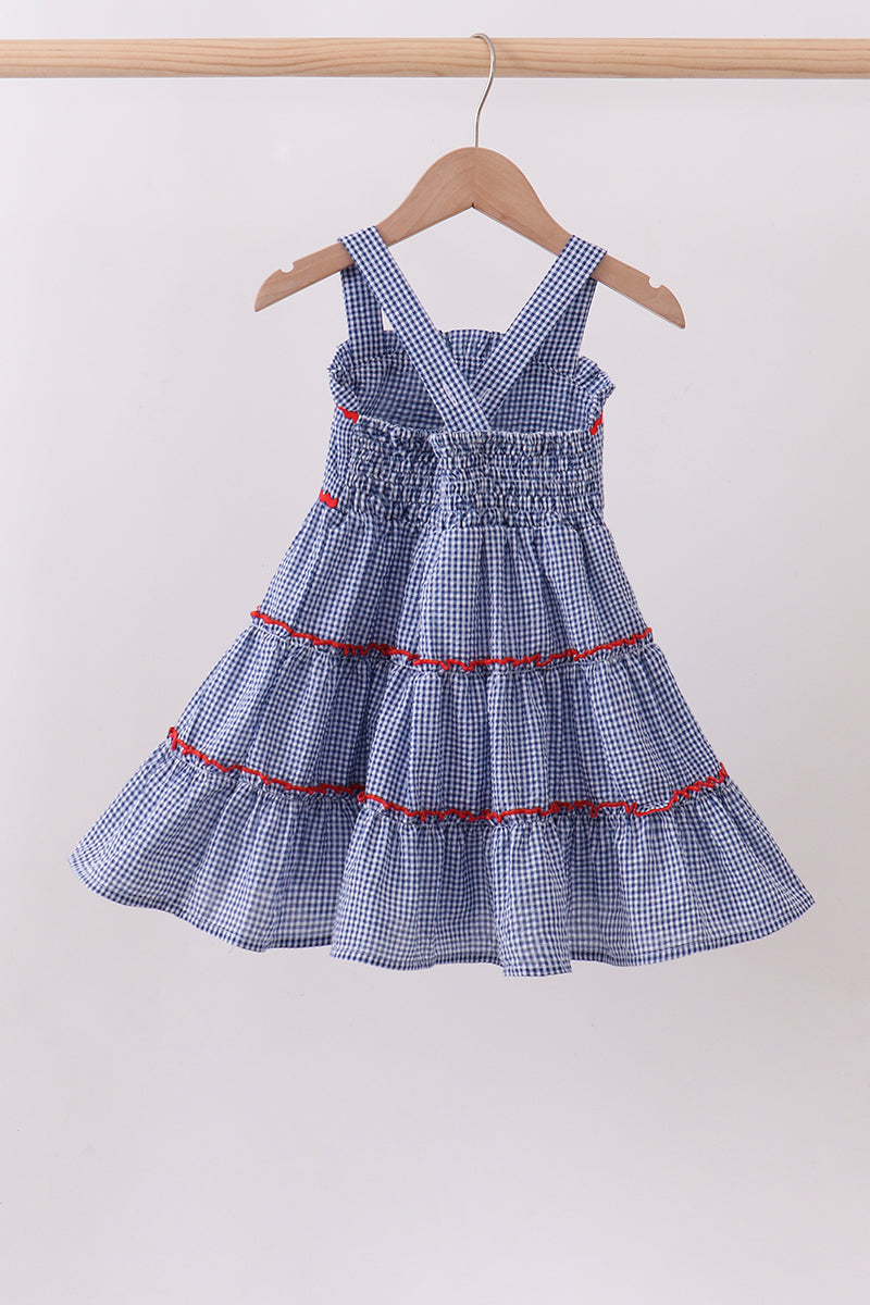 Blue crab embroidery gingham tiered dress – Honeydew USA