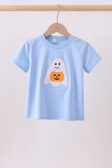 Blue ghost pumpkin embroidery top