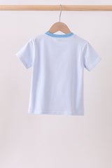 Blue stripe Smirk face applique top