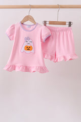 Pink ghost pumpkin embroidery ruffle shorts set