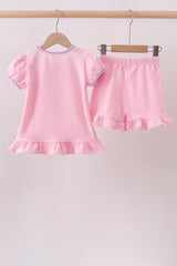 Pink ghost pumpkin embroidery ruffle shorts set