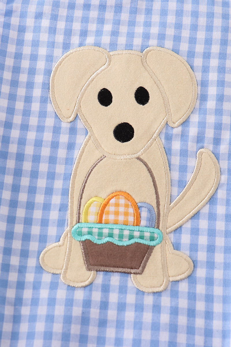 Premium Blue plaid dog applique boy bubble