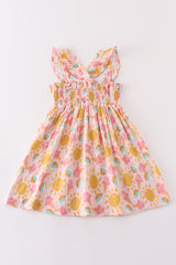 Premium Pink muslin sun ice cream smocked ruffle dress