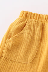 Premium Yellow muslin bow shorts set