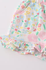 Premium Pink muslin leaves shorts set