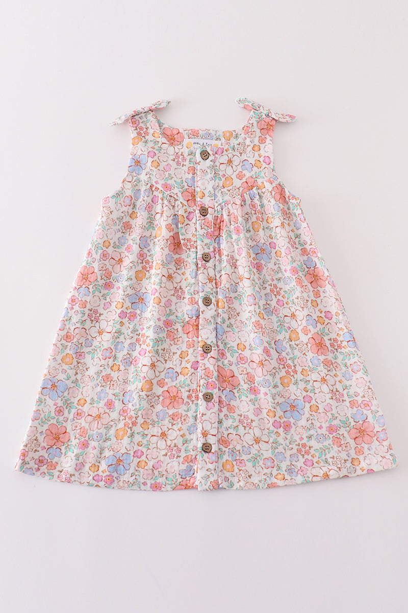 Premium Pink muslin floral bow dress