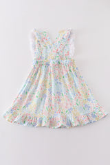 Premium Blue muslin floral ruffle dress