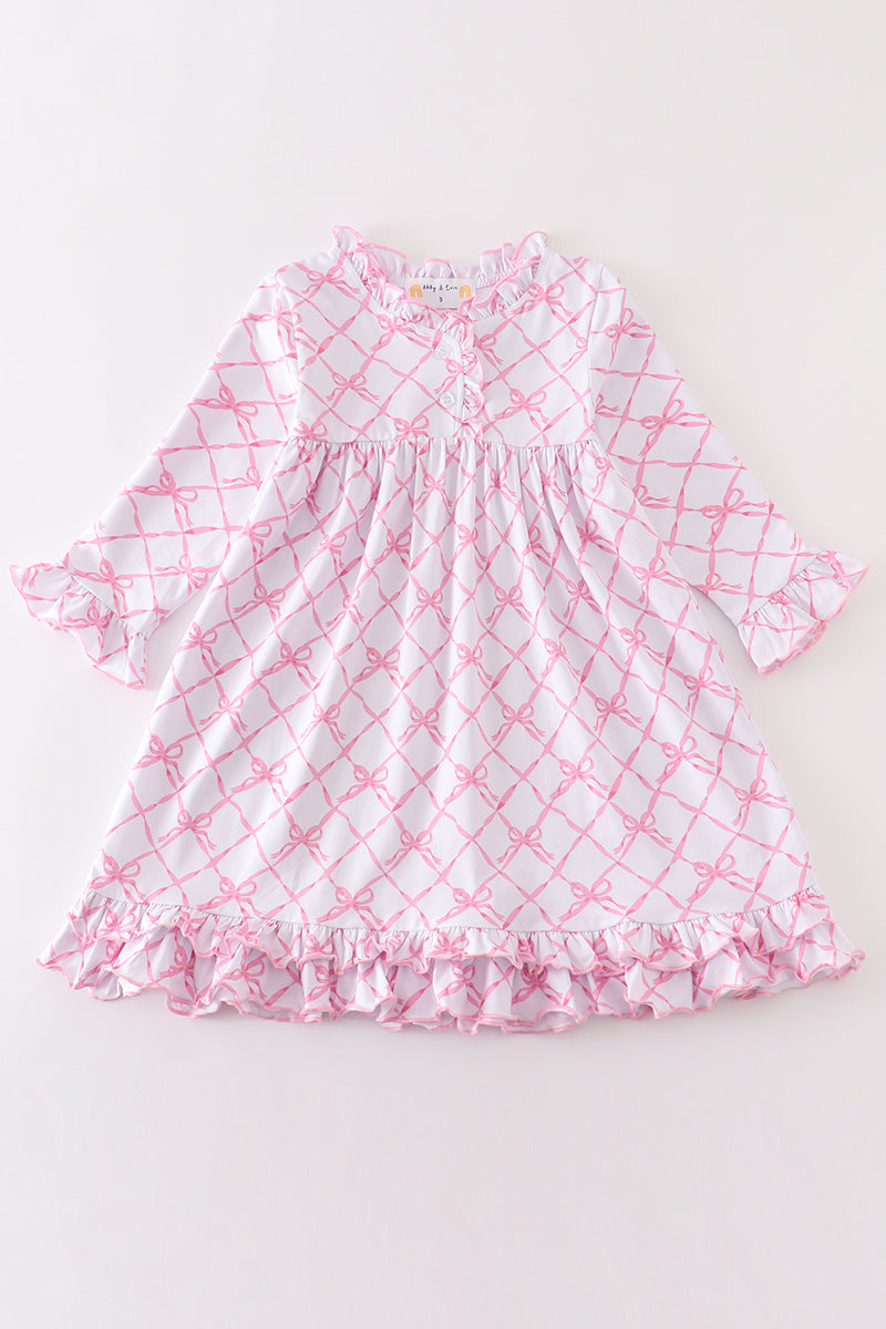 Pink bow tie print ruffle pajamas dress