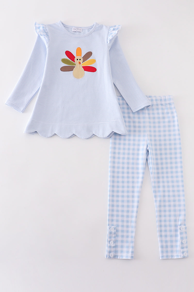 Premium Blue turkey embroidery stripe girl set