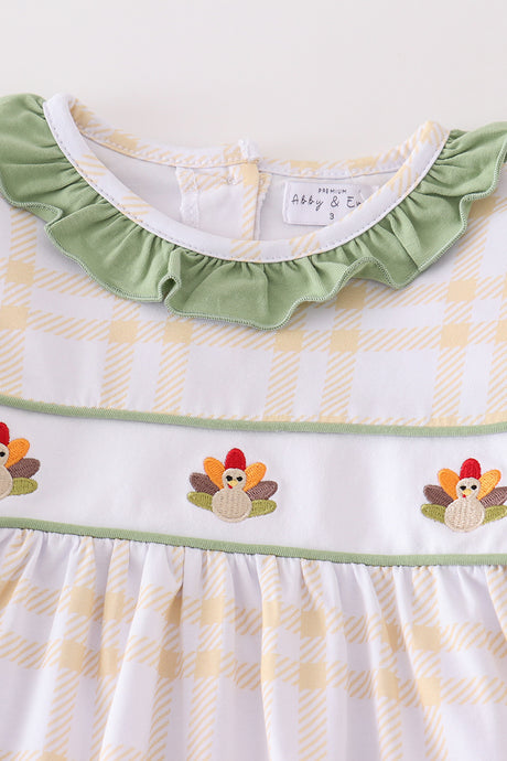 Premium Green turkey embroidery plaid girl set