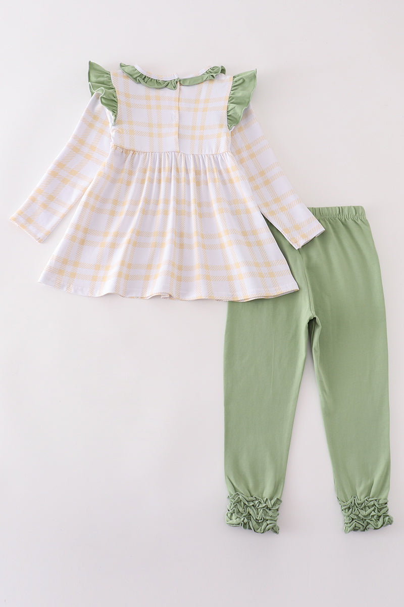 Premium Green turkey embroidery plaid girl set