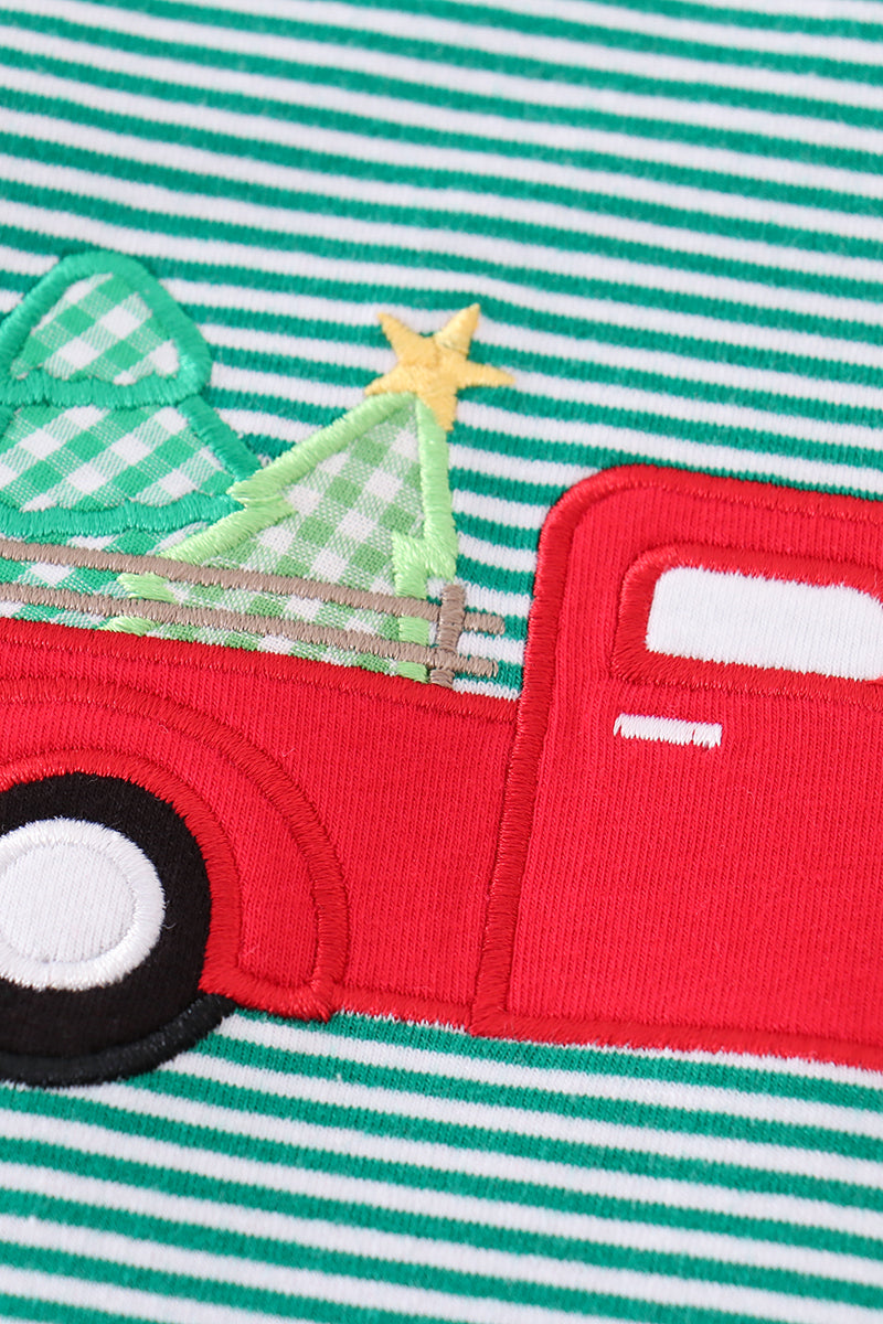 Premium green stripe christmas truck applique boy set