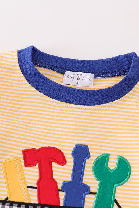 Premium mustard stripe tools applique boy set