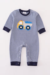 Premium navy stripe truck applique boy romper