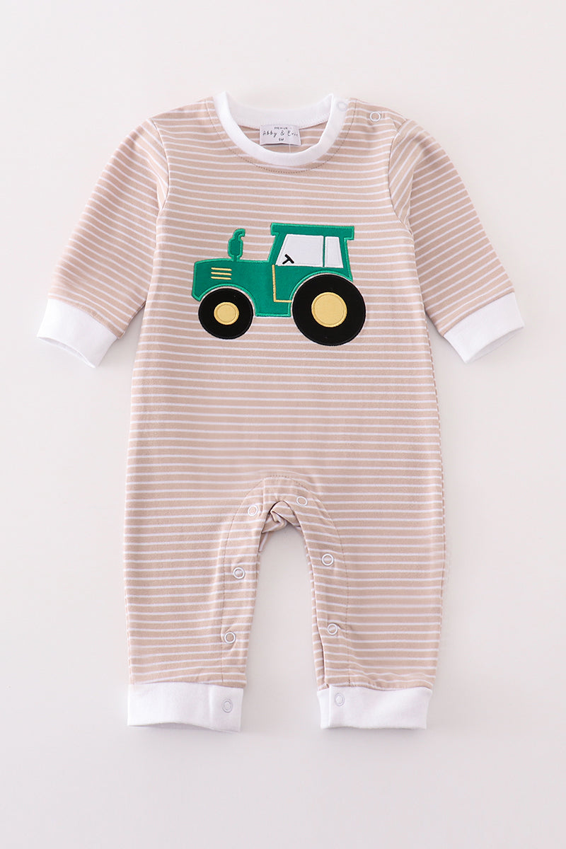 Premium beige stripe tractor applique boy romper