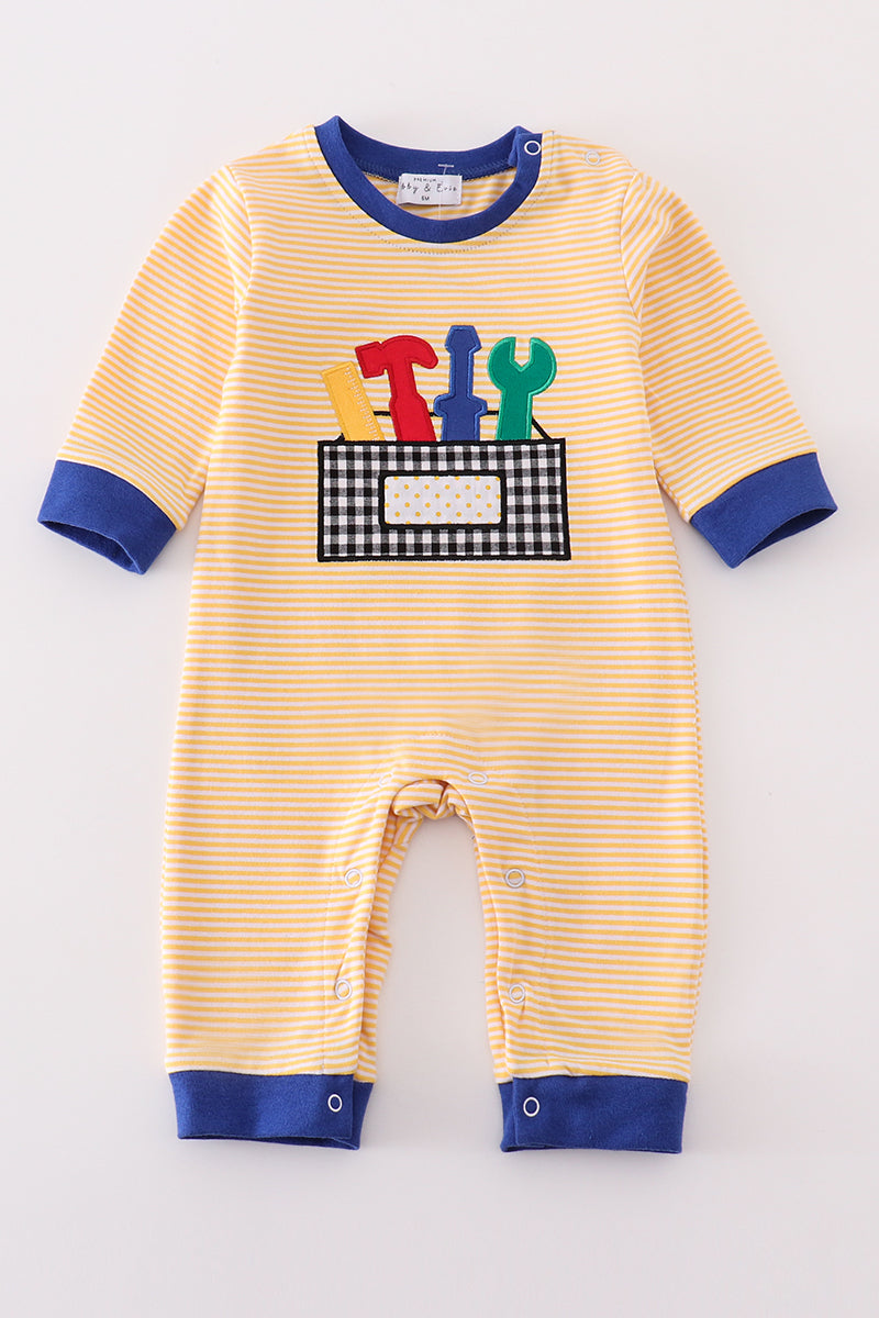 Premium yellow stripe tools applique boy romper