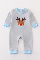 Premium green stripe reindeer applique boy romper